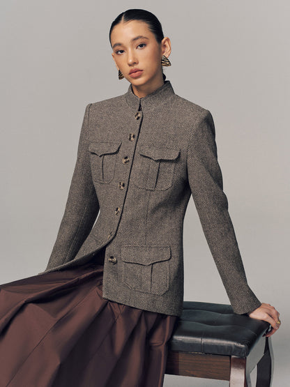 Herringbone Stand Collar Multi-Pocket Jacket