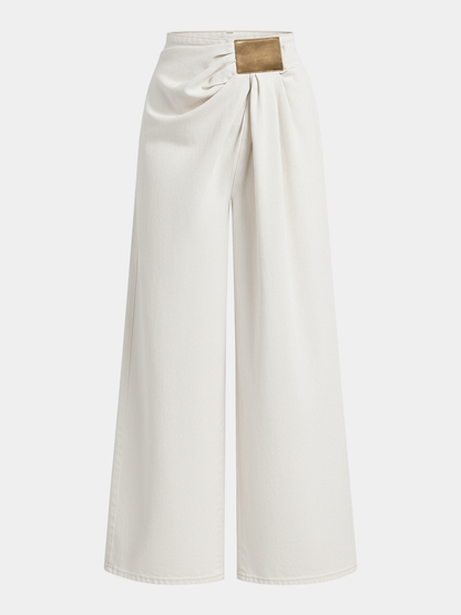 Asymmetrical Ruched Denim Wide-Leg Pants
