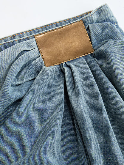 Asymmetrical Ruched Denim Wide-Leg Pants