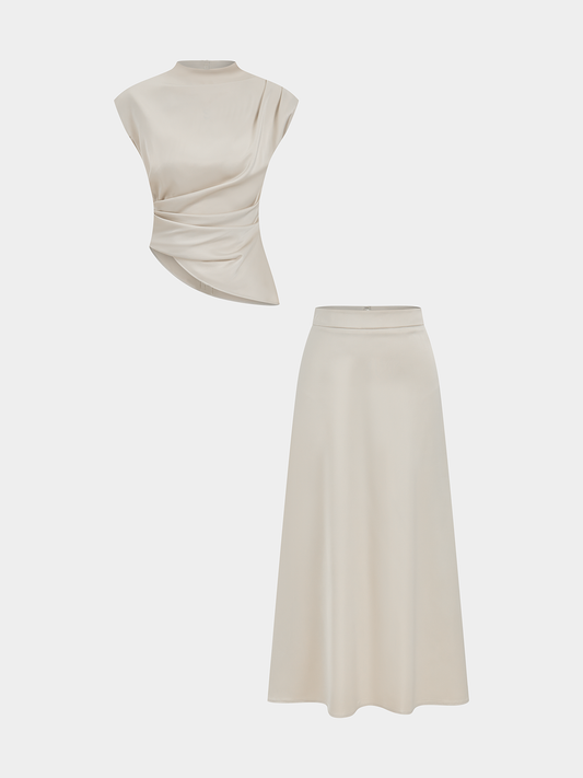 Satin Asymmetric Ruched Top & Midi Skirt Set