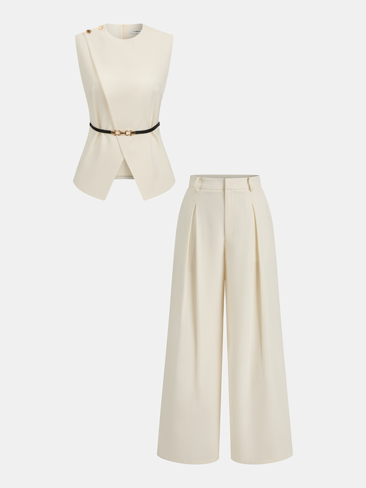Sleeveless Belted Top & Pleated Pants Set