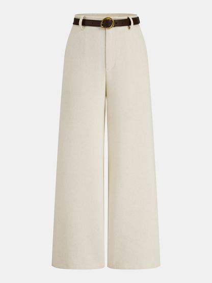 Belted Linen-Blend Wide-Leg Pants