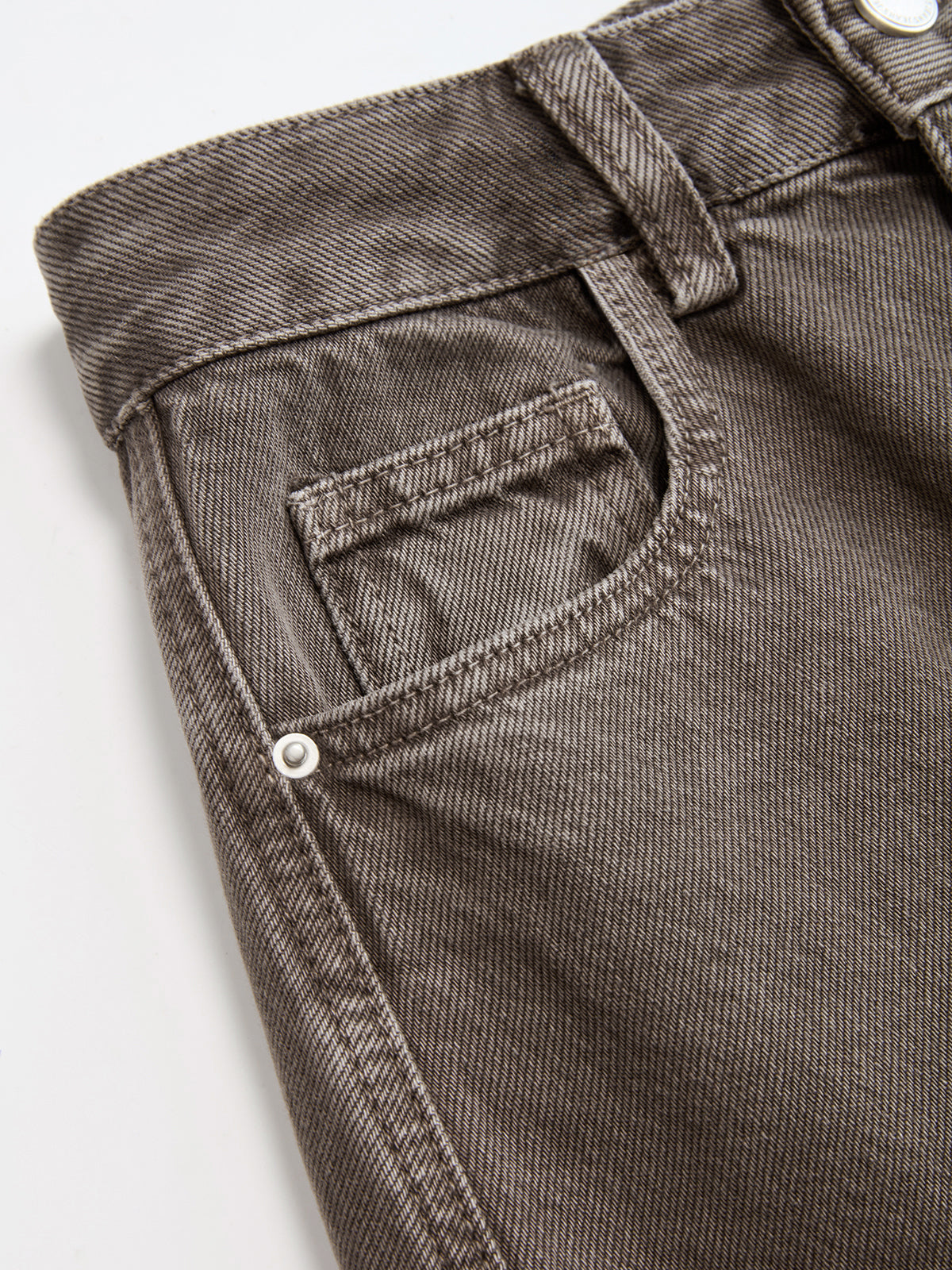 Distressed Denim Curved-Leg Pants