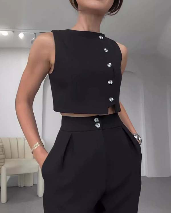 Facerya Button-Up Top And Pants Set