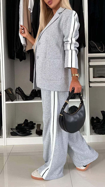 Facerya Lapel Patchwork Jacket And Loose Pants Suit Set