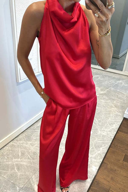 Facerya Satin Halter Top And Pants Set
