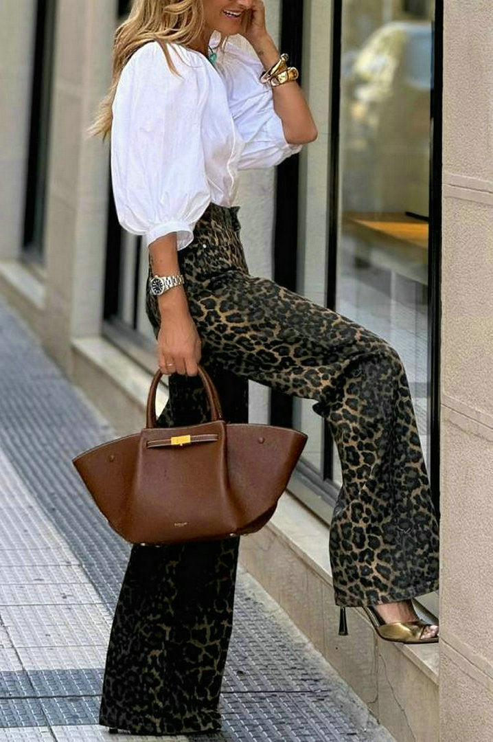 Facerya Blouse And Leopard Print Pants Set