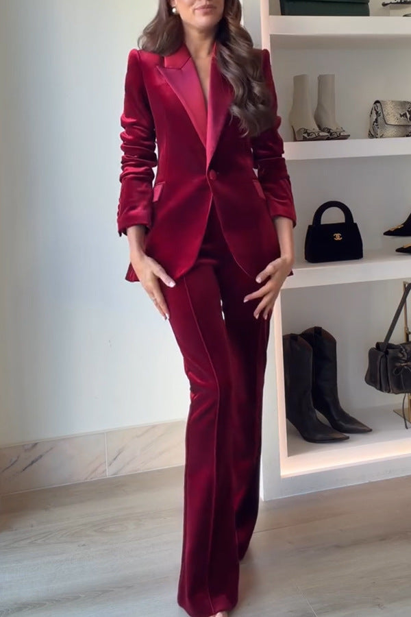 Facerya Velvet Blazer Suit & Loose Pants Set
