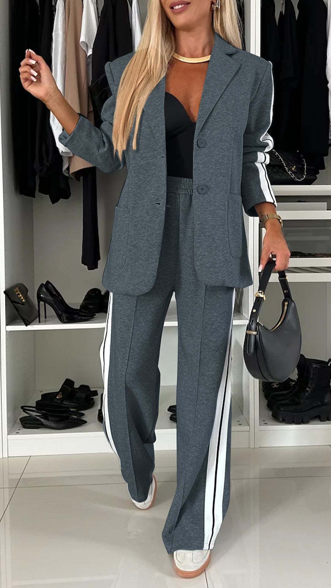 Facerya Lapel Patchwork Jacket And Loose Pants Suit Set