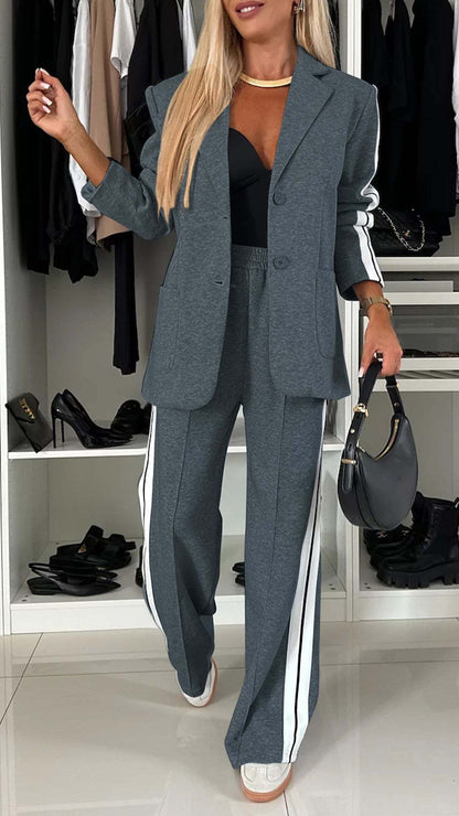 Facerya Lapel Patchwork Jacket And Loose Pants Suit Set