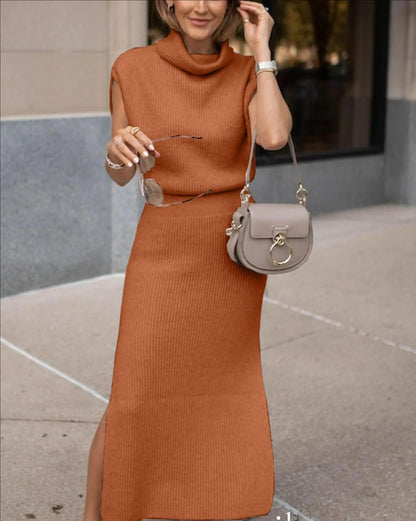 Facerya Knitted Pile Collar Top And Skirt Set