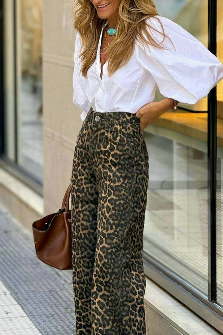 Facerya Blouse And Leopard Print Pants Set