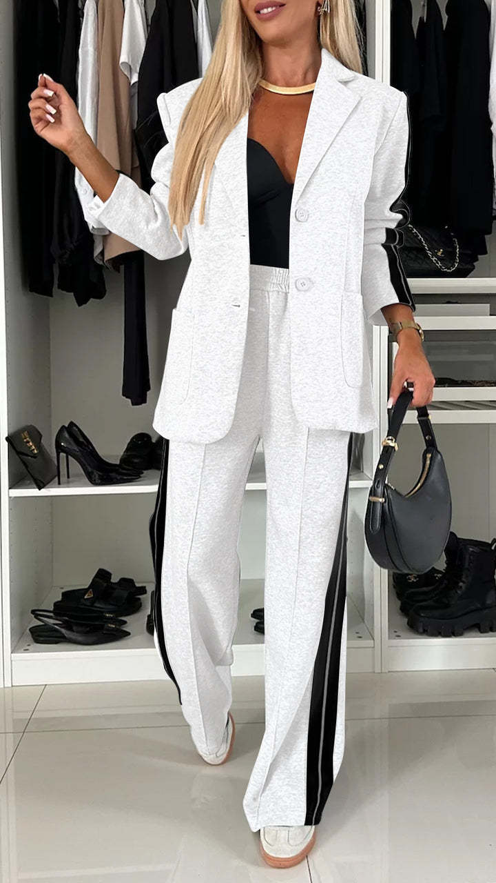 Facerya Lapel Patchwork Jacket And Loose Pants Suit Set