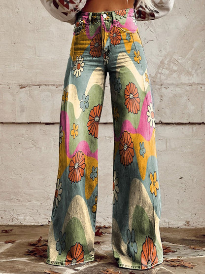 Facerya Vintage Wide-Leg Denim Pants